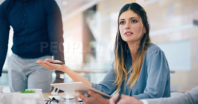 Buy stock photo Woman, tablet and talking at meeting with business people for question, feedback or review at corporate law firm. Lawyer, attorney or person with digital touchscreen in discussion for legal solution