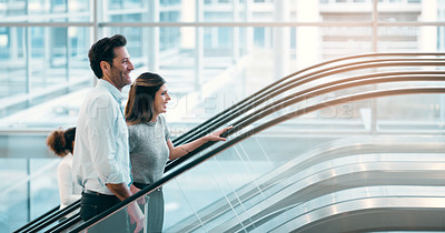 Buy stock photo Escalator, morning and business people in office talking for arrival in lobby for work, job and career. Modern building, corporate team and people on electrical stairs chat, speaking and conversation