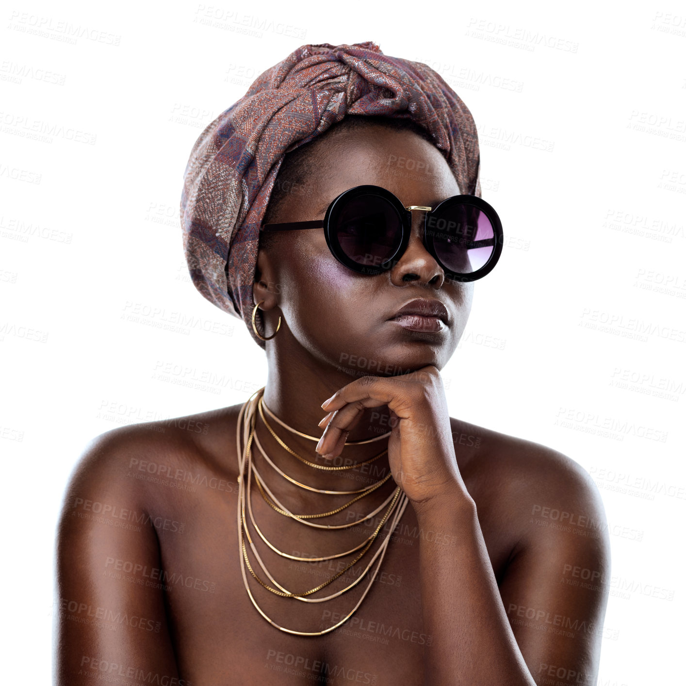 Buy stock photo Sunglasses, fashion and black woman with beauty, shine and model isolated on white studio background. African person, eyewear and girl with style, cosmetics and accessories with confidence and wrap