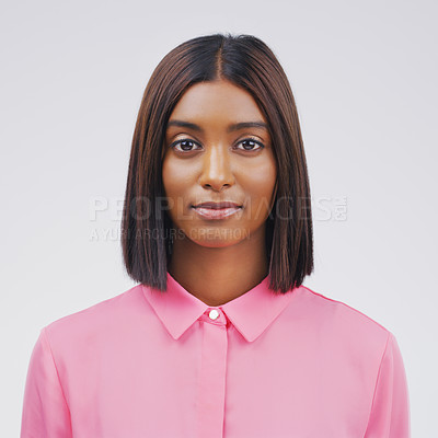 Buy stock photo Portrait of real Indian woman, white background and positive mindset in university profile picture of student. Focus, opportunity and education, face of young college girl isolated on studio backdrop