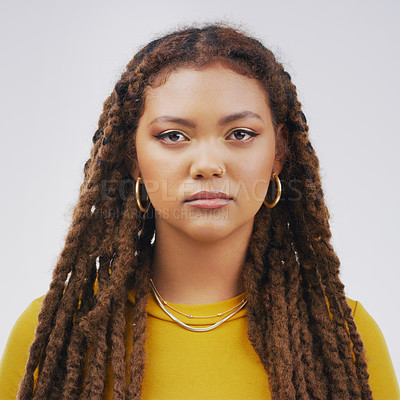Buy stock photo Annoyed, bored and frustrated with serious black woman in studio isolated on white background. Braids, disappointed and moody with face of overworked young person feeling burnout from fail or mistake
