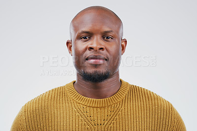 Buy stock photo Face portrait, serious and black man in studio isolated on a white background. African, bald and male person from South Africa with fashion, style and pose with aesthetic clothes for confidence.