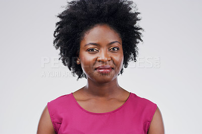 Buy stock photo Portrait of real black woman, white background with smile and positive attitude for small business owner. Focus, businesswoman with happy mindset and face of African model isolated on studio backdrop