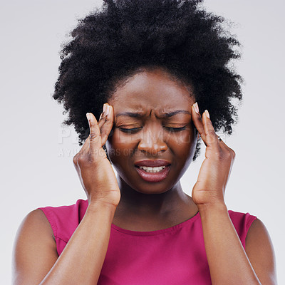 Buy stock photo Black woman, temple and headache pain or stress tension in studio for brain fog, vertigo or mockup. Female person, hands and migraine suffering or overworked pressure, burnout or white background