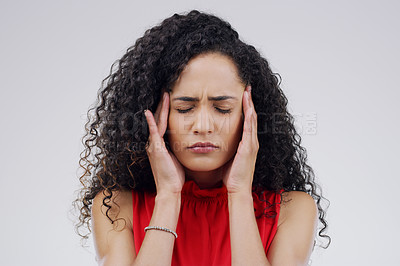 Buy stock photo Woman, hands and headache or temple pain in studio with pressure or fatigue, migraine or vertigo. Female person,  massage and white background with brain fog tension or dizzy, burnout or mockup space