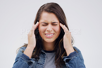 Buy stock photo Woman, headache and pain in studio, stress and burnout or anxiety for mental health on gray background. Female person, worry and sad for fail or mistake, migraine and distress on mockup space or ill