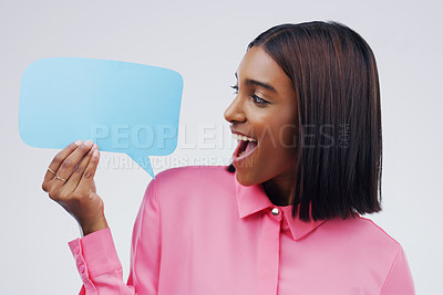 Buy stock photo Woman is excited, speech bubble and social media with mockup space and online branding on white background. Communication, surprise announcement and female person with news and advertising in studio