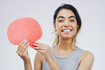 Buy stock photo Woman with smile, speech bubble and social media, mockup space and online voice on white background. Communication, announcement and female person in portrait, board with news and opinion in studio