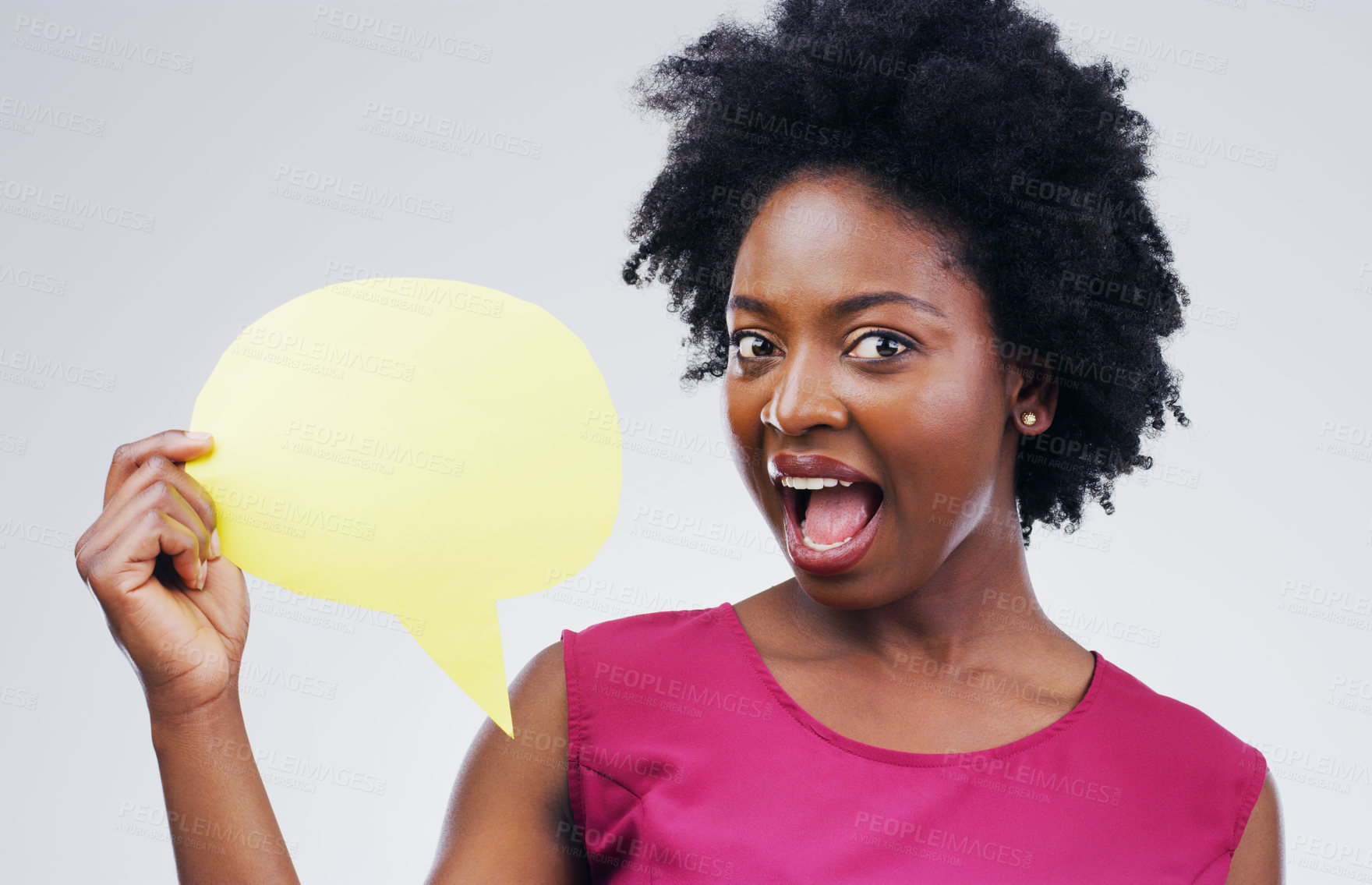 Buy stock photo Happy black woman, portrait and speech bubble in surprise for question or social media against a white studio background. African female person with afro or sign for comment or FAQ on mockup space