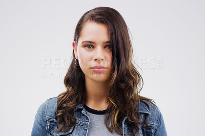 Buy stock photo Studio, serious and woman in portrait, face and student isolated on white background. Confidence, learner and university scholar for female model from Denmark, yearbook and photograph for campus 