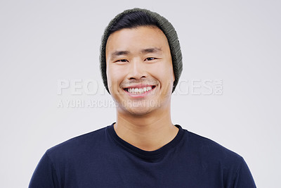 Buy stock photo Face portrait, smile and Asian man in beanie in studio isolated on a white background. Happy, handsome and male person from Japan with confidence, fashion and stylish aesthetic for positive mindset.