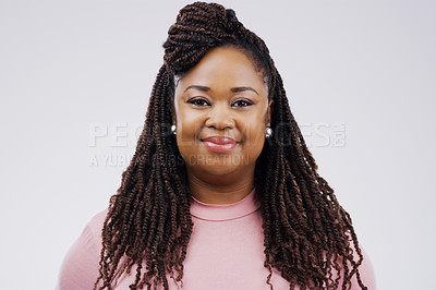 Buy stock photo Portrait, smile and braids with a black woman in studio on a gray background for beauty or fashion. Face, happy and natural with an attractive young female person feeling confident in trendy clothes