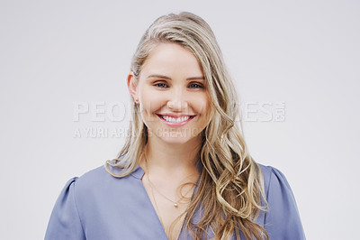Buy stock photo Portrait, happy and woman with smile for facial expression for funny joke in studio. Relax, female person and gesture for comic with excited energy for humour from entertainment of meme or story
