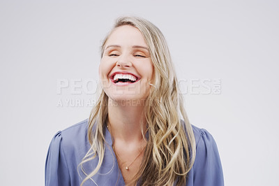 Buy stock photo Smile, happy and woman with laughing in studio for funny joke, playful comic and positive humour. Female person, cheerful and satisfaction with joy for comedy, enjoyment and fun on white background