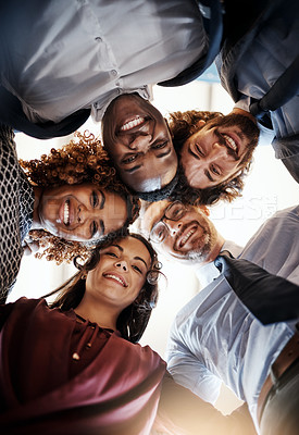 Buy stock photo Business people, happy group and portrait in a huddle for teamwork, collaboration or team building. Face of diversity men and women together for support, solidarity and trust or motivation from below