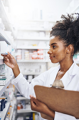 Buy stock photo Pharmacy, checklist and woman at shelf for search, customer order and antibiotic stock. Female pharmacist, clipboard and smile at inventory with pill box, product information and storage for sale