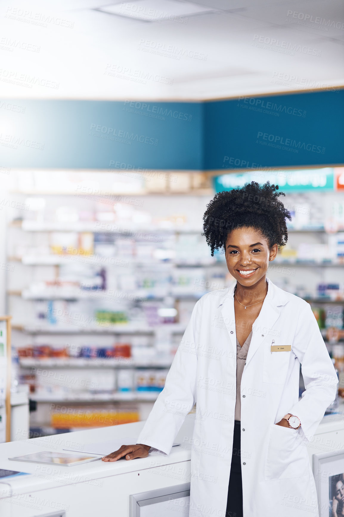 Buy stock photo Black woman, smile and pharmacist with portrait in clinic of healthcare advice, medical consultant and medicine trust. Confident, female person and health of pharmaceutical wellness at pharmacy help
