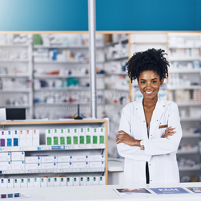 Buy stock photo Pharmacist, black woman and pride with portrait in clinic of healthcare advice, medical consultant and medicine trust. Confident, female person and arms crossed of pharmaceutical wellness at pharmacy