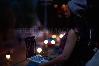 Buy stock photo Hacker, night and programming with woman and laptop for ransomware, cyber security and phishing. Coding, technology and crime with programmer typing for fraud, network system and data scam