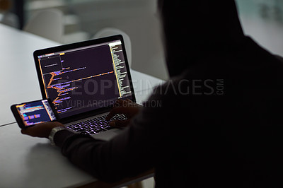 Buy stock photo Hacker, code and programming with person and laptop for ransomware, cyber security and phishing. Coding, technology and crime with programmer typing for fraud, network system and data scam at night