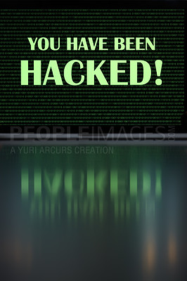 Buy stock photo Shot of a laptop with the words “You have been hacked” on it