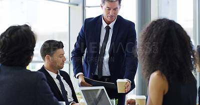 Buy stock photo Coffee, collaboration and meeting with business people in boardroom of office together for planning. Corporate. teamwork and technology with employee group in workplace for strategy discussion