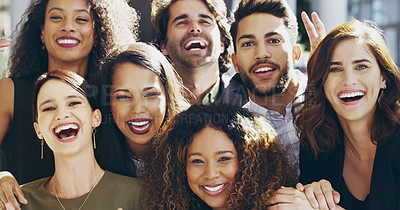 Buy stock photo Cropped shot of a group of happy businesspeople standing in their workplace lobby