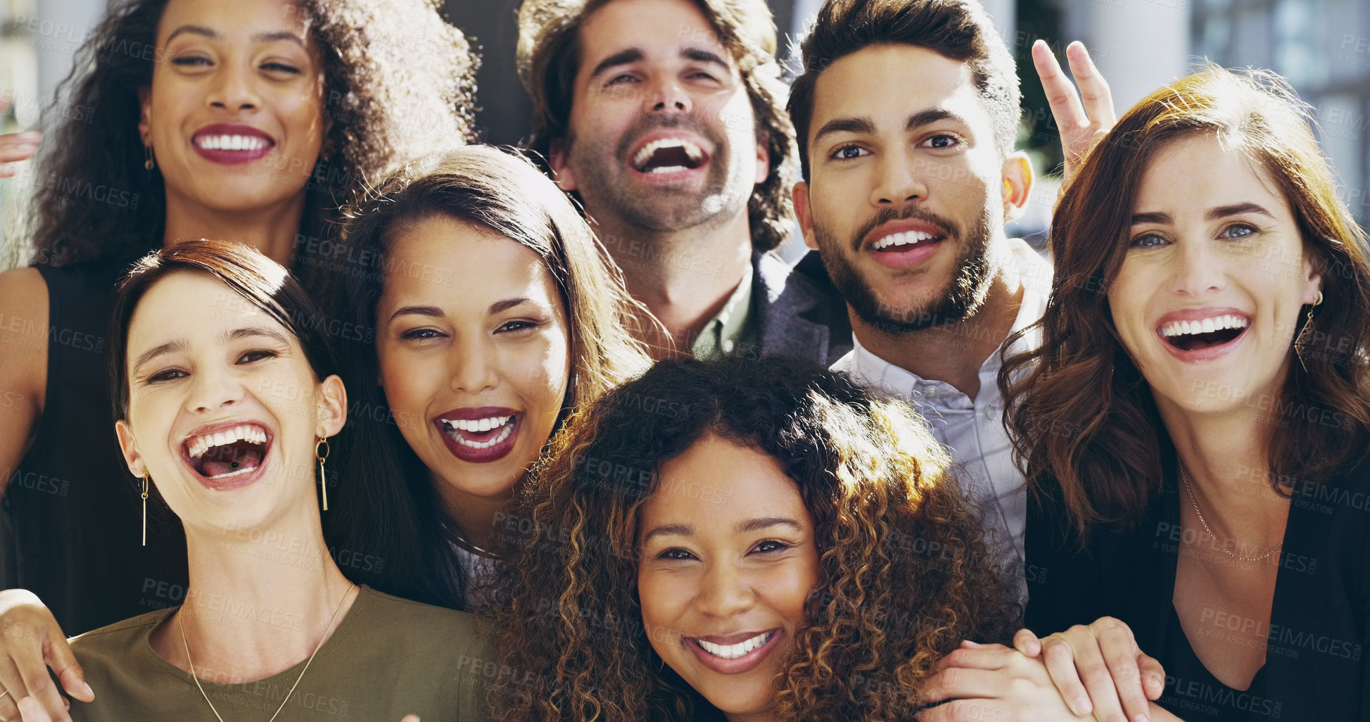 Buy stock photo Cropped shot of a group of happy businesspeople standing in their workplace lobby