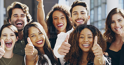 Buy stock photo Cropped shot of a group of businesspeople giving thumbs up while standing in their office
