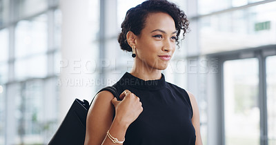 Buy stock photo Businesswoman, office building and walk to work, confidence or determination in workplace lobby. Handbag, corporate and lawyer for case meeting, attorney person and legal advisor for law firm company