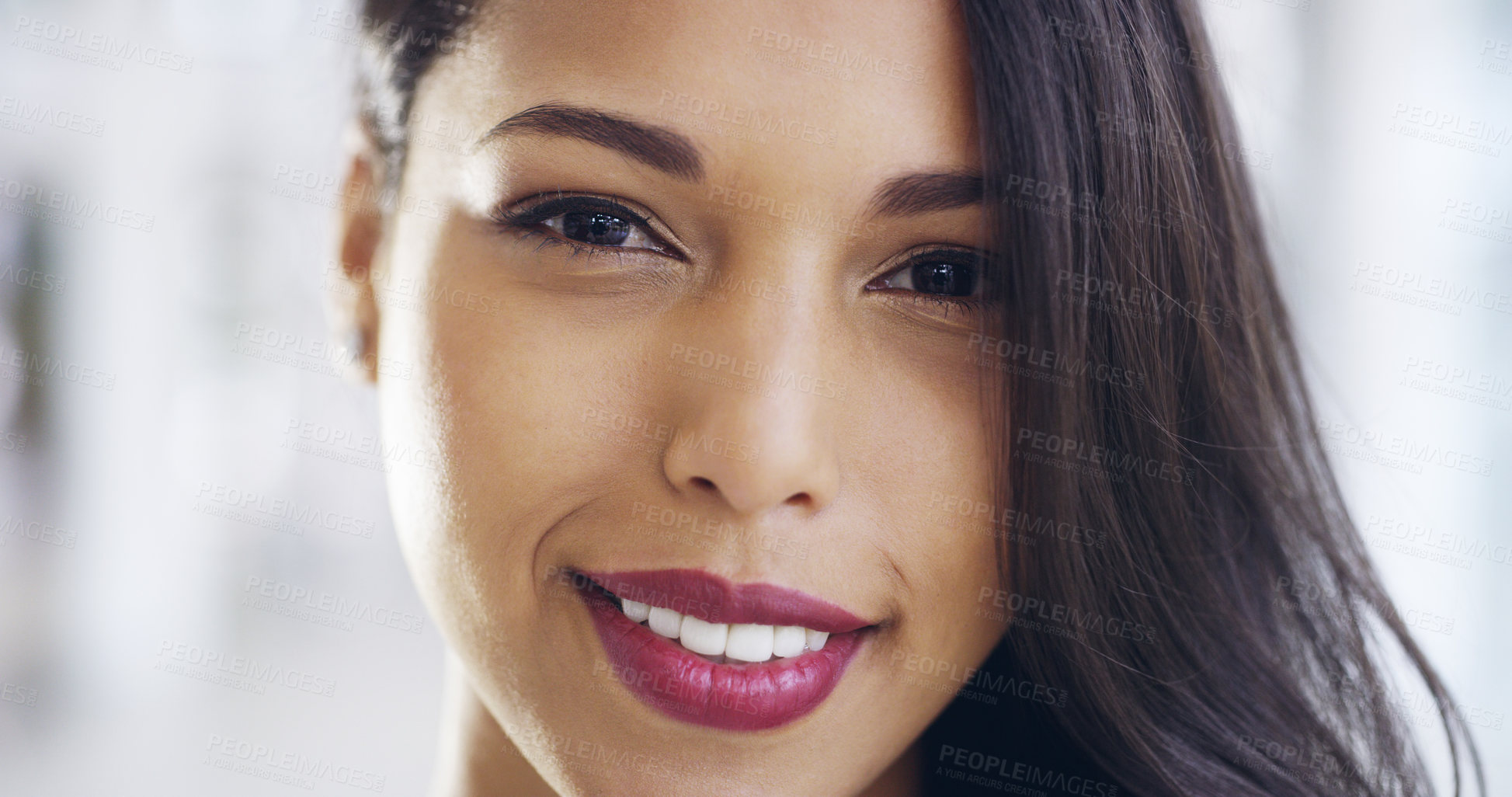 Buy stock photo Portrait, beauty and woman with makeup, happy and bold color of lipstick, confident and cosmetics. Proud, shine and person with smile for glow, calm and self expression for girl, appearance or Canada