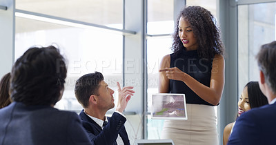 Buy stock photo Meeting, tablet and question with business people in boardroom of office together for feedback. Ask, presentation and technology with woman employee talking to investors in workplace for intro