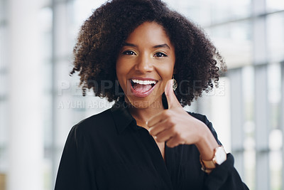 Buy stock photo Black woman in business, face and thumbs up with smile, support and agreement, thank you and success at job. Emoji, hand gesture and excited female professional in portrait with positive feedback