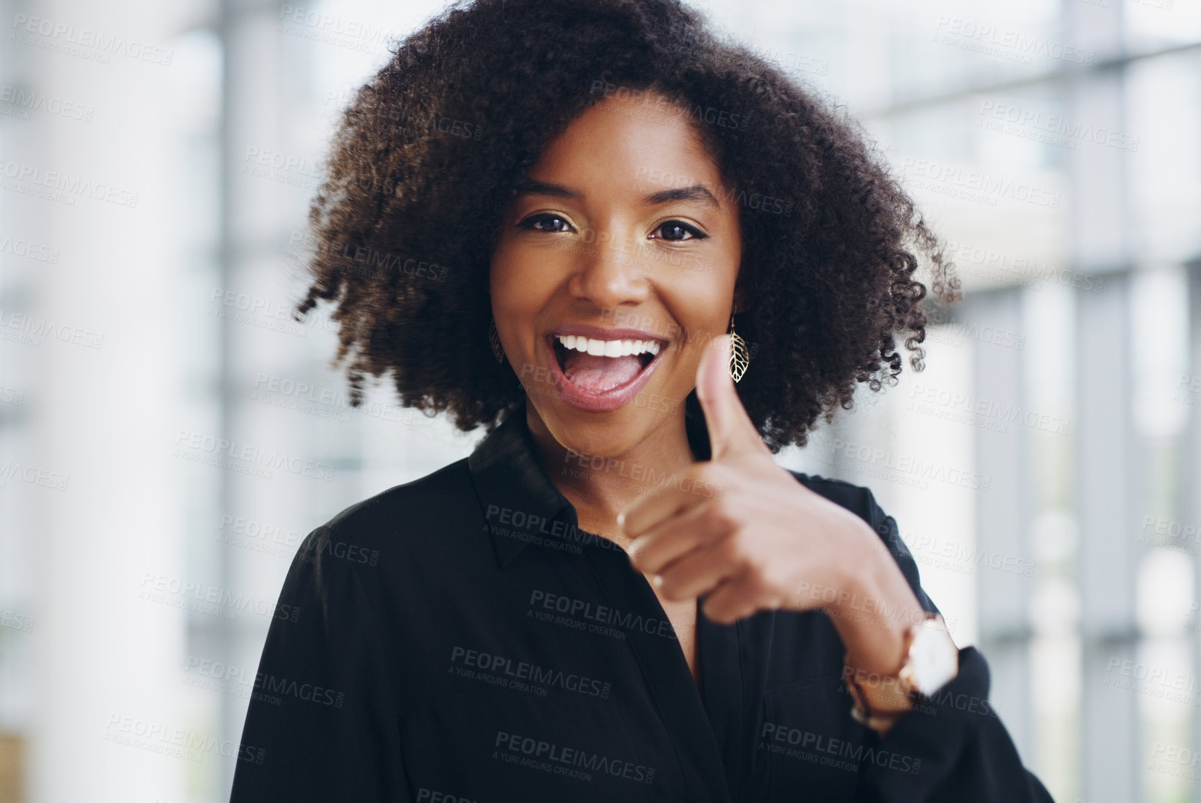 Buy stock photo Black woman in business, face and thumbs up with smile, support and agreement, thank you and success at job. Emoji, hand gesture and excited female professional in portrait with positive feedback
