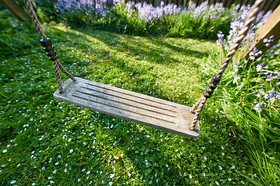 Buy stock photo Closeup of a swing on a rope in a peaceful backyard garden in summer. Green lush grass foliage growing in a garden with lavender flowers blossoming and blooming. Old rustic wooden swing in a meadow