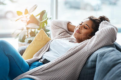 Buy stock photo Woman, stretching and relax on sofa with smile, comfort and positivity in home living room. Girl, student and happy on couch for study break, stress free and optimistic on weekend in Brazil apartment