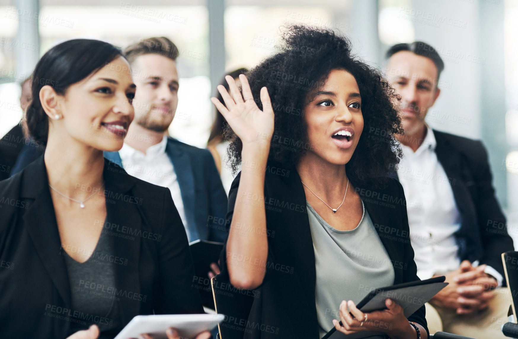 Buy stock photo Business, people and question in conference at office for seminar, networking and learning. Delegates, employees and workshop or convention as audience for information, knowledge or career growth