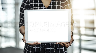 Buy stock photo Cropped shot of an unrecognizable businesswoman displaying a digital tablet in a modern office