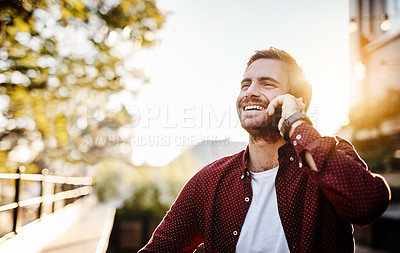 Buy stock photo Phone call, entrepreneur and laughing of man, outdoor and communication with laugh, smile and contact. Results, conversation and opportunity of person, happy for business, listening and Canada