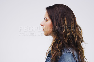 Buy stock photo Thinking, profile and woman serious in studio, isolated and white background for concentration with vision for future. Female student, focused and self reflection, thoughtful and contemplation.