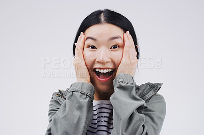 Buy stock photo Studio background, surprise and asian woman in portrait with mockup space, wow and mind blown with good news. Happy, female person and omg reaction for announcement, lottery or competition prize