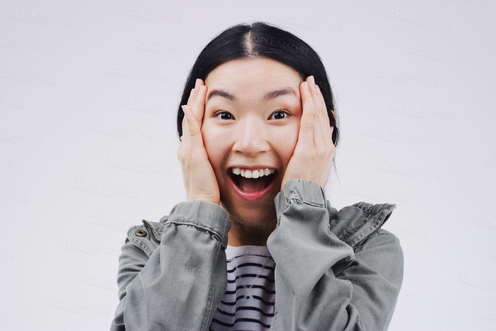 Buy stock photo Studio background, surprise and asian woman in portrait with mockup space, wow and mind blown with good news. Happy, female person and omg reaction for announcement, lottery or competition prize