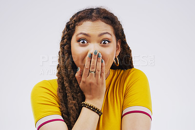 Buy stock photo Studio, omg and black woman in portrait with face, shock or mind blown with good news. Happy, female person and surprise reaction for announcement, lottery or competition prize on white background