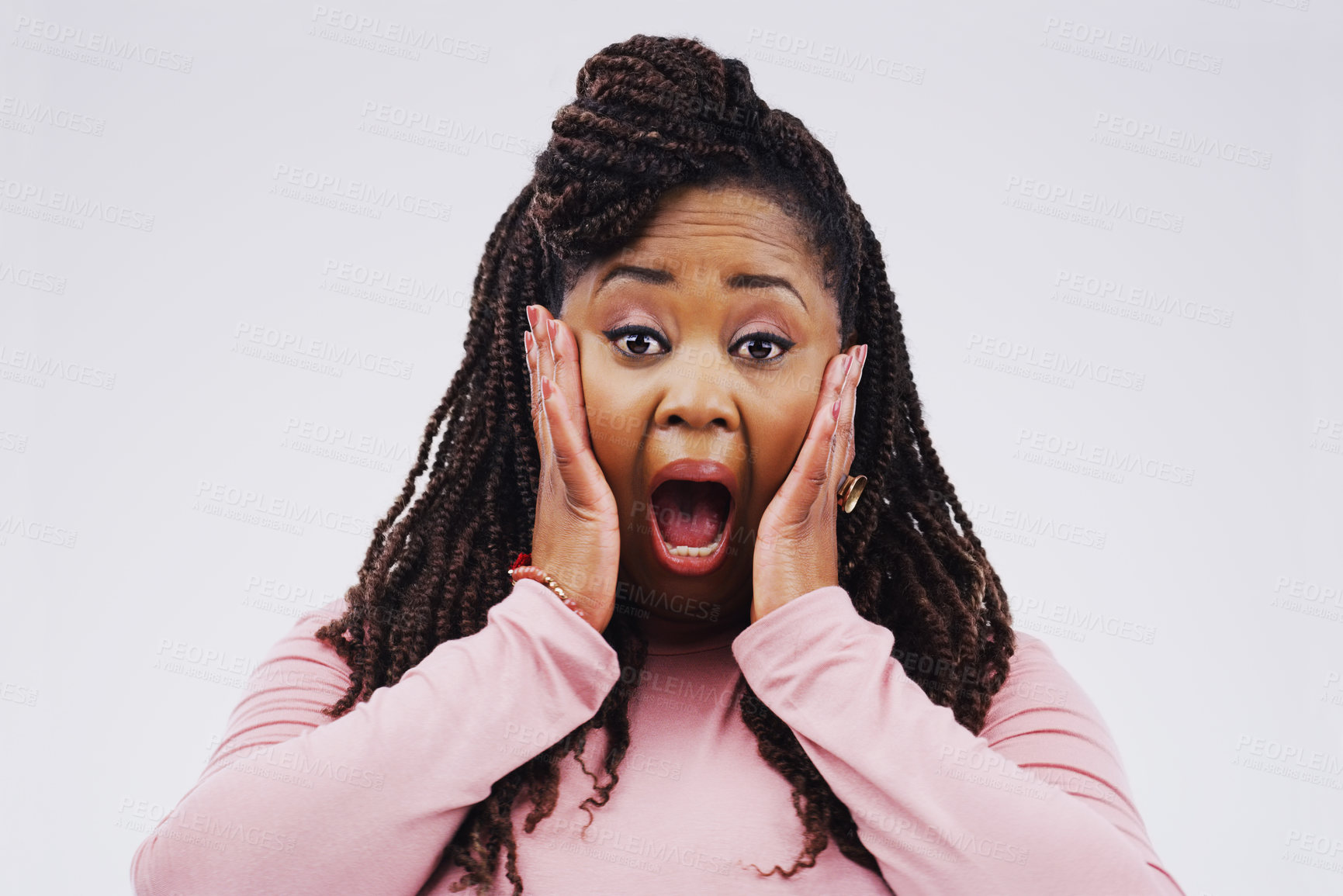 Buy stock photo Studio, wow and black woman in portrait with face, shock or mind blown with gossip news. Happy, female person and surprise reaction for announcement, lottery or competition prize on white background