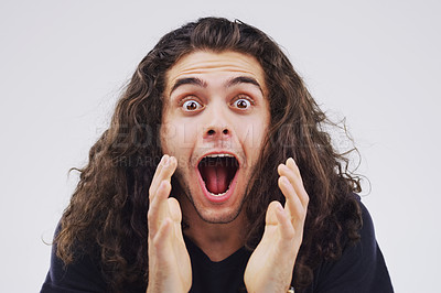 Buy stock photo Man, portrait and shock in studio for bonus, sale and wtf or omg for prize on white background. Excited male person, surprise and what for lottery success, winner and discount or happy for deal
