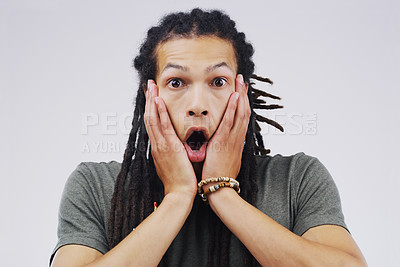 Buy stock photo Man, portrait and shock in studio for drama, gossip and wtf or omg for secret on white background. Male person, surprise and overwhelmed for news or info, worry and panic for rumor or confession