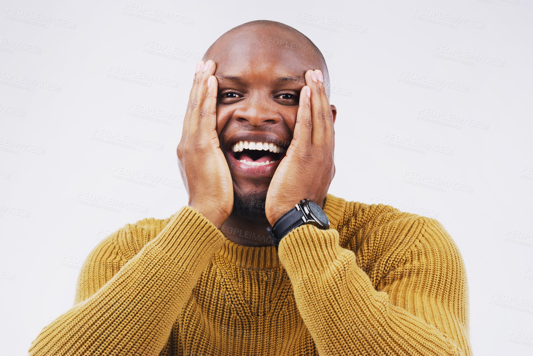 Buy stock photo Excited, surprise and portrait of a man in studio with a winning, wow or omg facial expression. Happy, smile and face of African male model with shock to celebrate an achievement by white background.