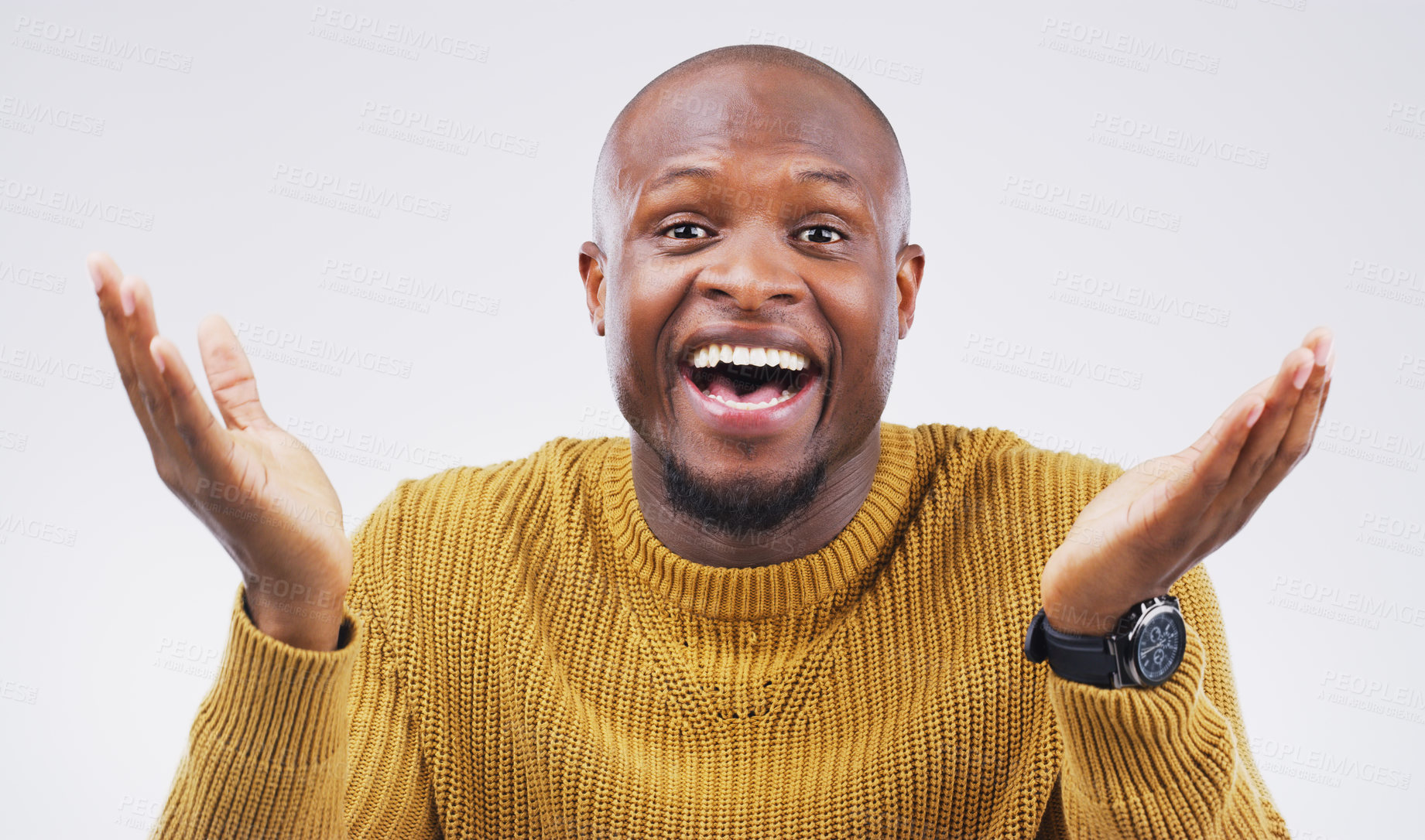 Buy stock photo Studio, portrait and black man with I dont know or shrug with face shock, surprised and mind blown. Mockup, male person and hands gesture for gossip news, clueless reaction and white background