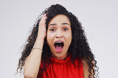 Buy stock photo Studio background, surprised or shocked woman in portrait with mockup space, wow and mind blown with good news. Backdrop, female person and omg reaction for announcement, lottery or competition prize