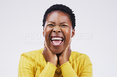 Buy stock photo Excited, hands and portrait of black woman in studio for good news, promotion and announcement. Female person, smile and happy with surprise for giveaway, deal and notification on white background